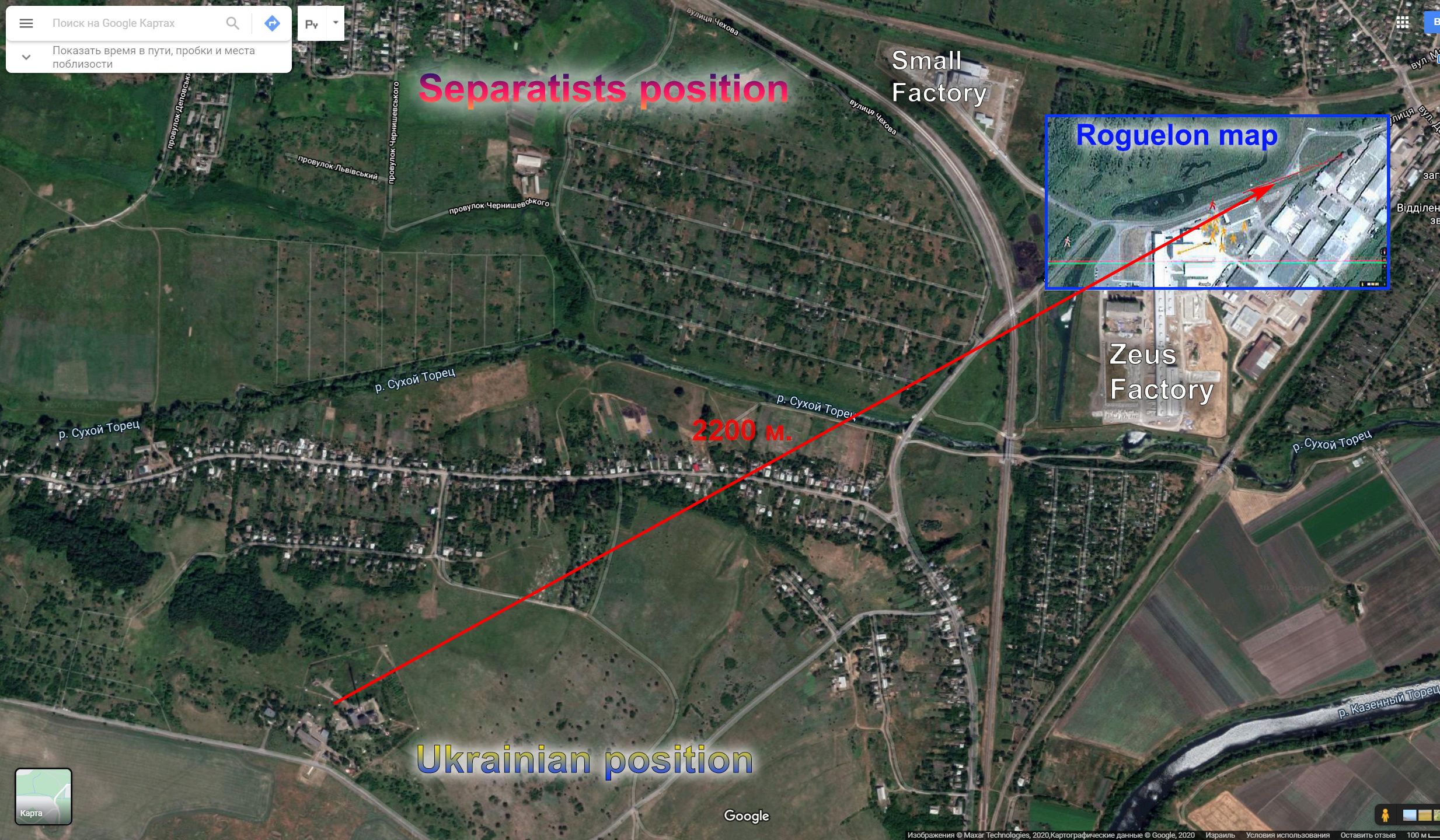 Карта 3. Рогелон удаляется с места после обстрела (красная фигура и стрелка). Желтые фигуры — ополченцы возле фабрики
